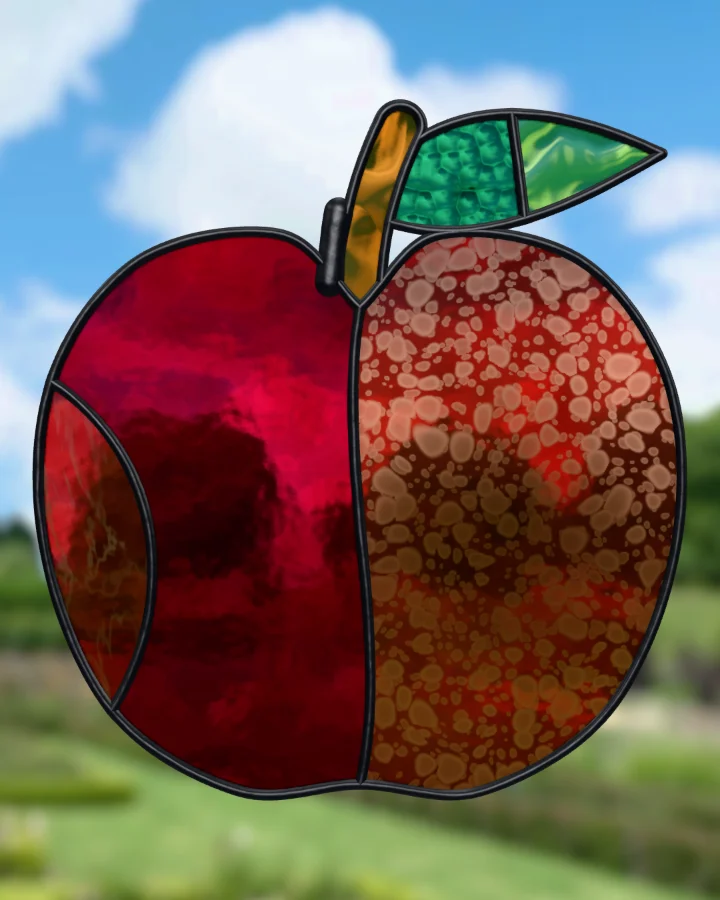 Apple suncatcher glazed, lit from behind.