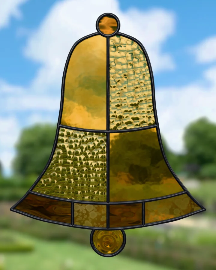 Bell suncatcher glazed, lit from behind.