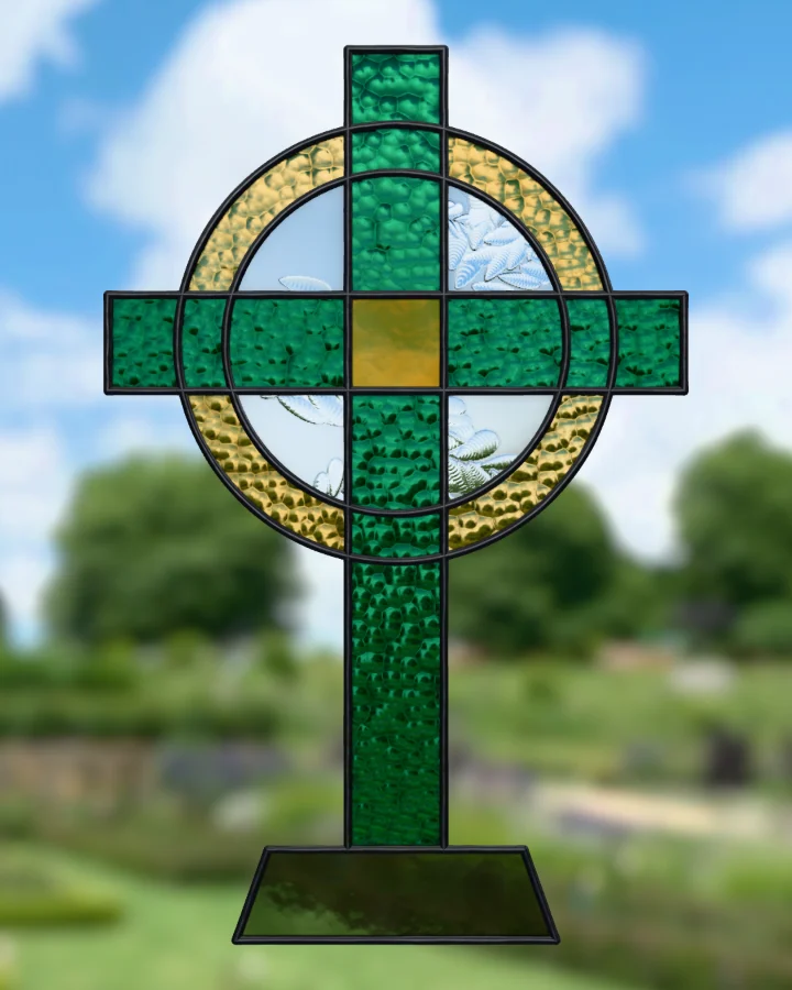 Celtic cross suncatcher glazed, lit from behind.