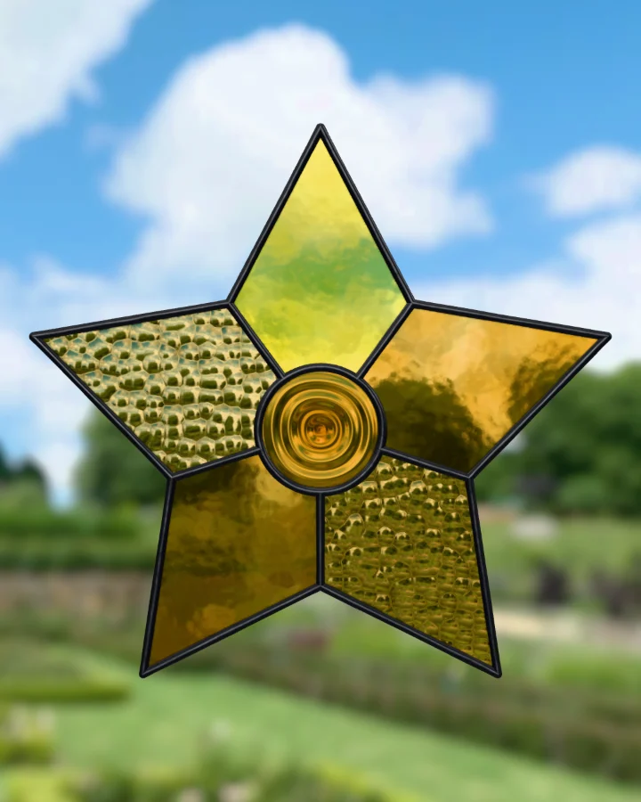 Five-point star suncatcher glazed, lit from behind.
