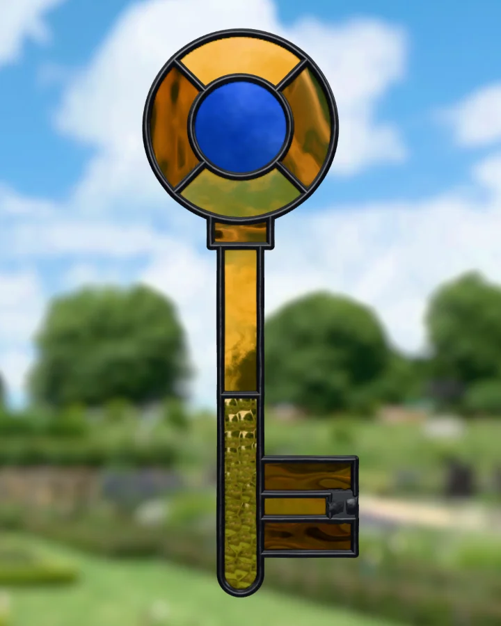 Key suncatcher glazed, lit from behind.