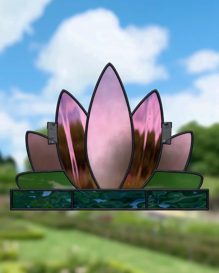 Lotus suncatcher glazed, lit from behind.