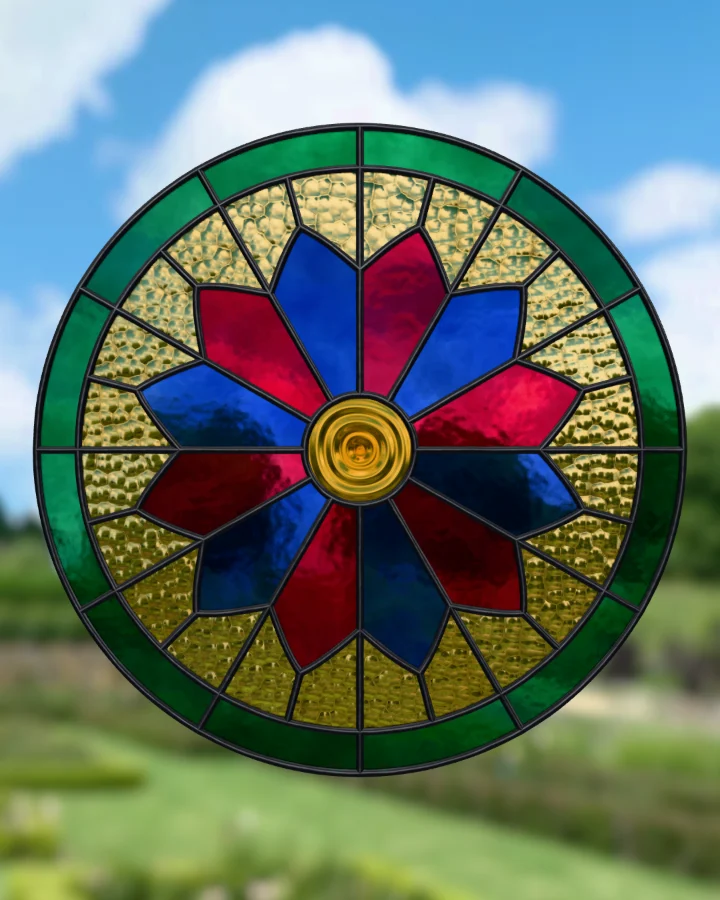 Rose window suncatcher glazed, lit from behind.