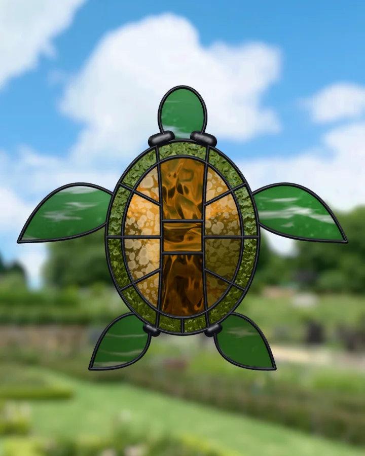 Sea turtle suncatcher glazed, lit from behind.
