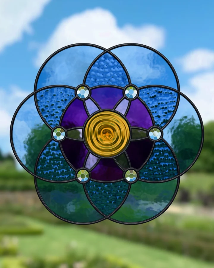 Seed of life suncatcher glazed, lit from behind.